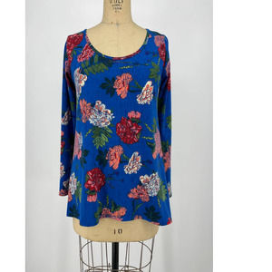 Lularoe Lynnae Blue Floral Scoop Neck Long Sleeve Top Blouse Small